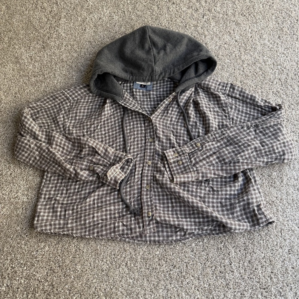 American Eagle Shirt Womens Lg Brown Plaid Hooded Flannel Button Up Top Casual